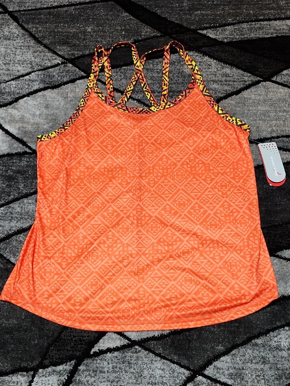 EXERTEK ACTIVE ORANGE GEOMETIC PETITE XL STRAPPY RACERBACK TANK-TOP